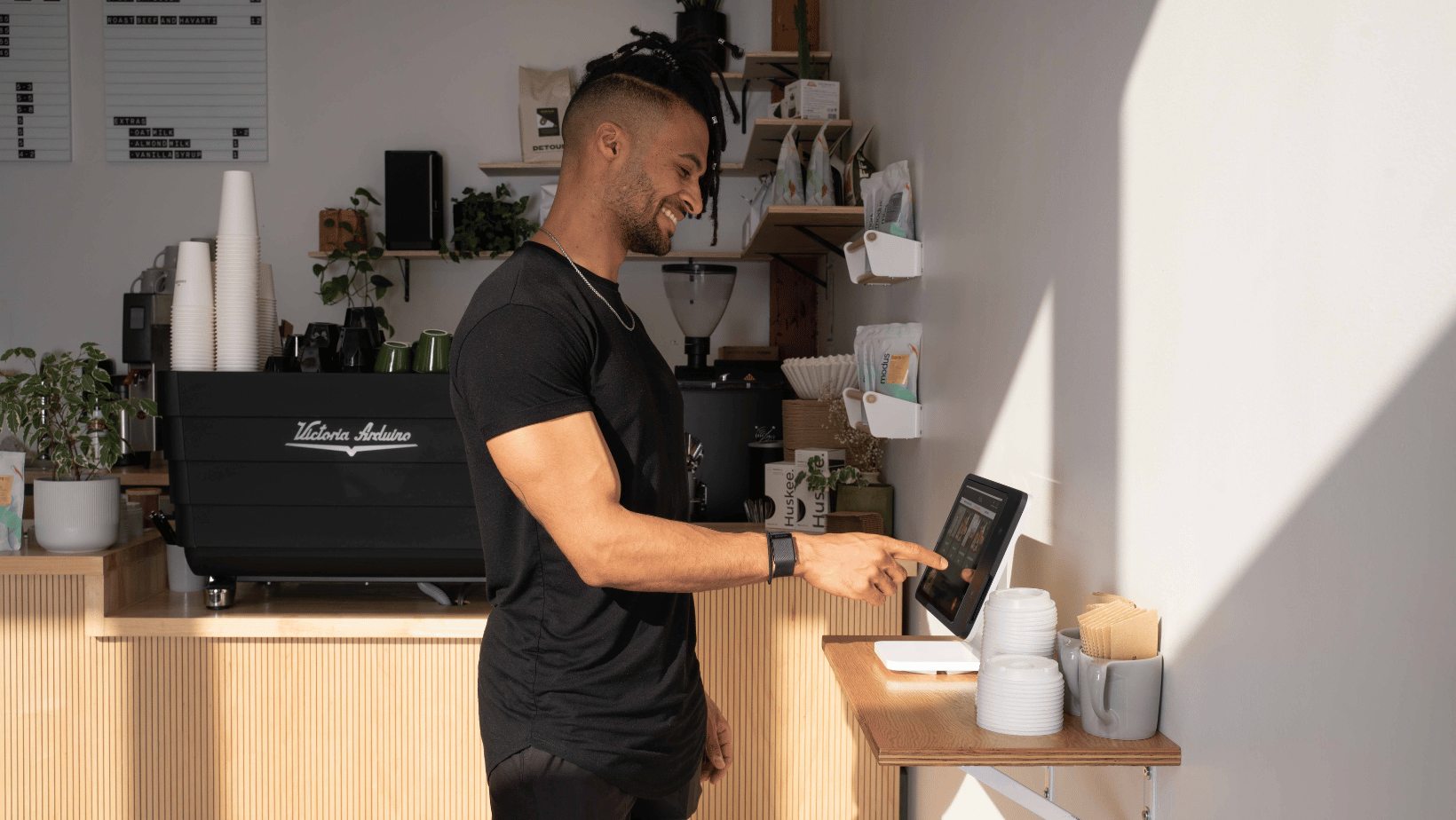 Self-serve kiosk in coffee shop.